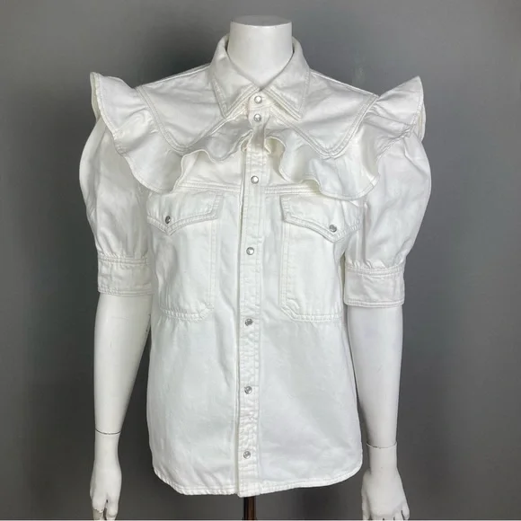 NEW Zadig & Voltaire shirt jacket Large western pearl snap ruffle Toky white - Picture 5 of 16